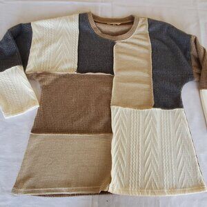 Yak & Yeti Sweater Women's Small Medium Cream Tan Gray Pullover Patchwork Knit